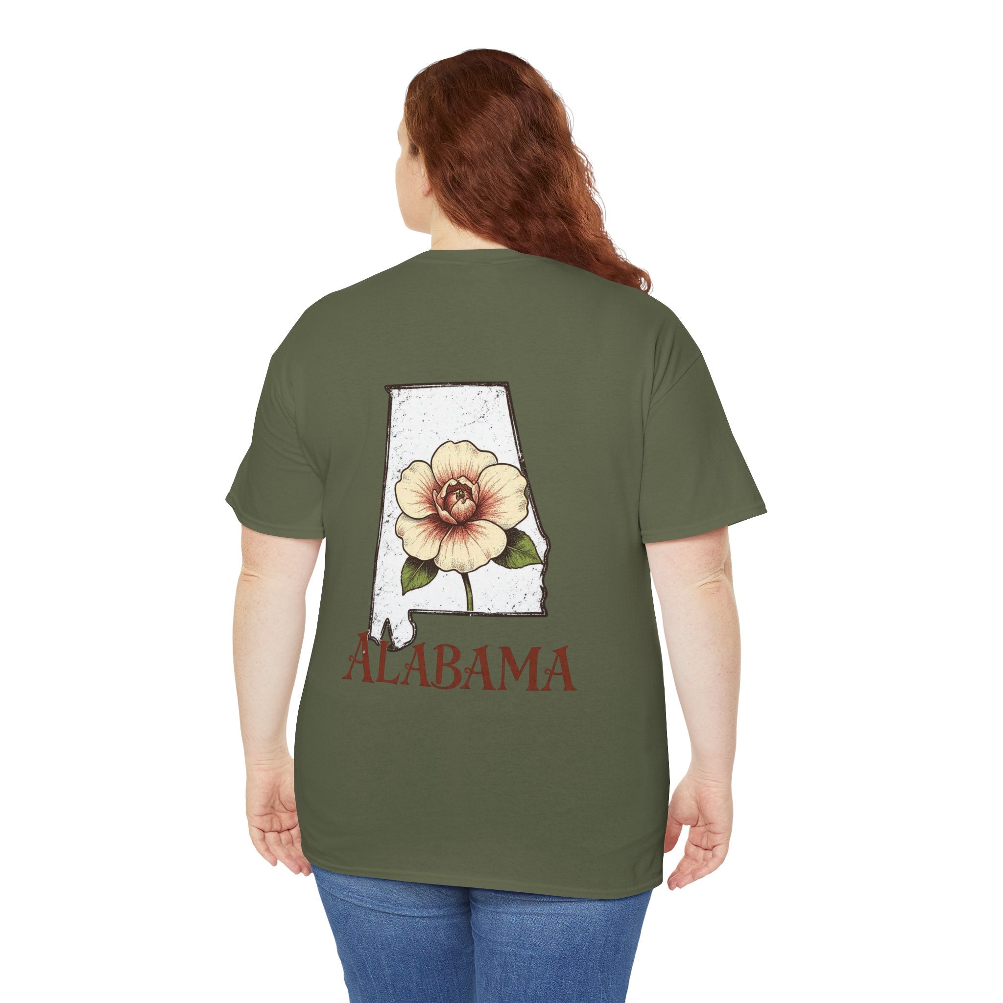 Alabama State Tee with Camellia Floral Design — Alabama Outline & State Flower Shirt