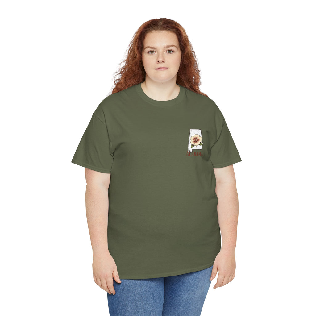 Alabama State Tee with Camellia Floral Design — Alabama Outline & State Flower Shirt