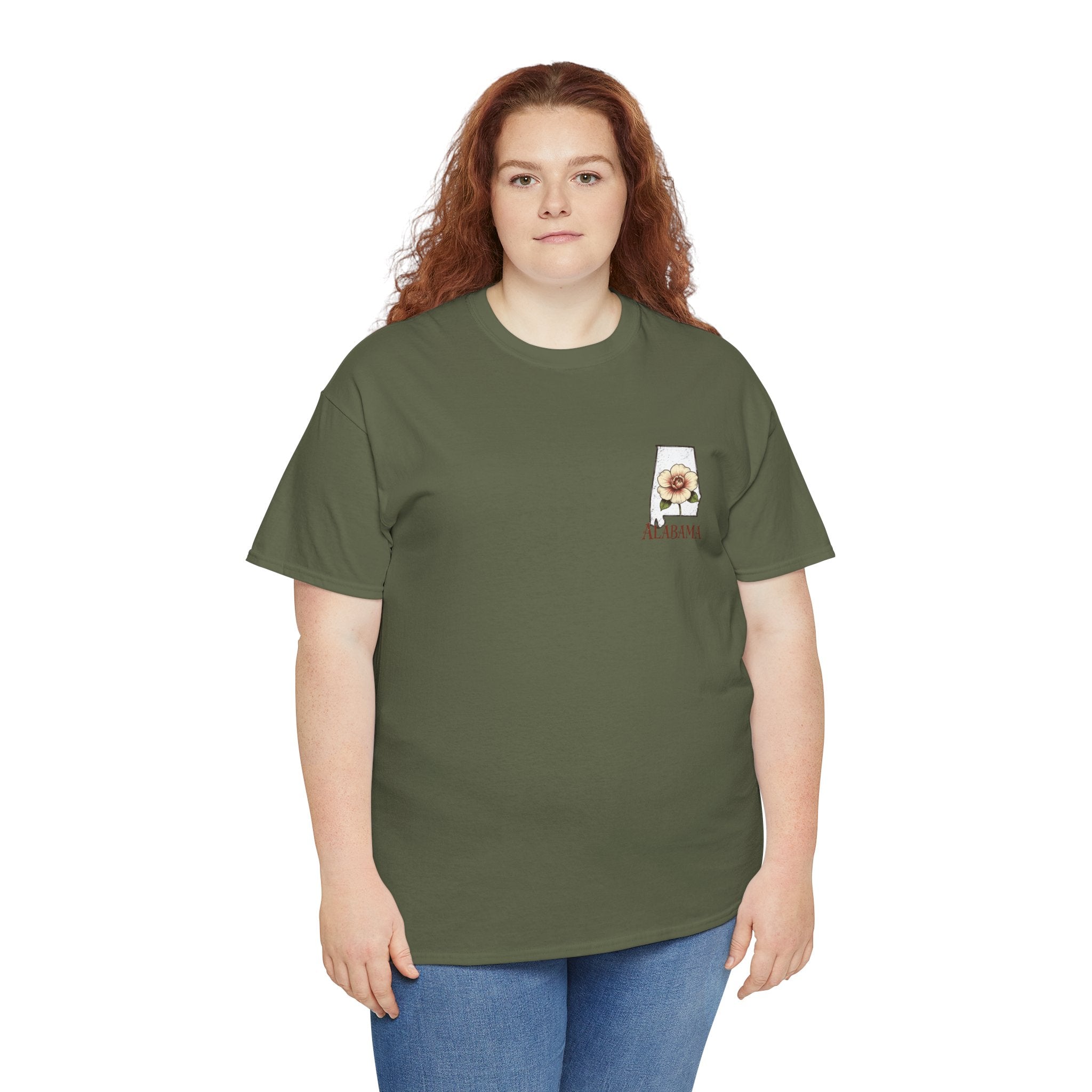 Alabama State Tee with Camellia Floral Design — Alabama Outline & State Flower Shirt