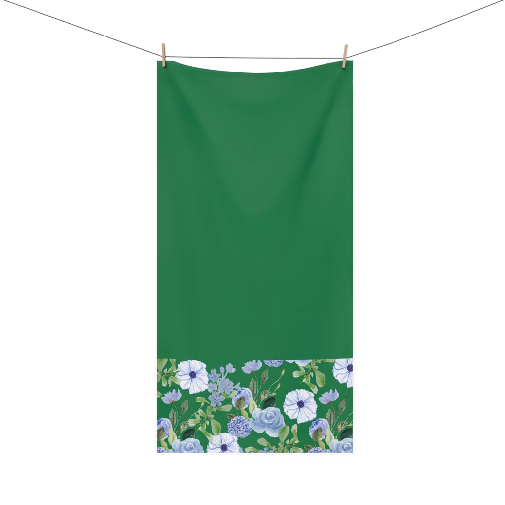 Green Floral Beach Towel — Cotton Mink Blend with Blue & Lavender Bloom Border