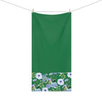 Green Floral Beach Towel — Cotton Mink Blend with Blue & Lavender Bloom Border
