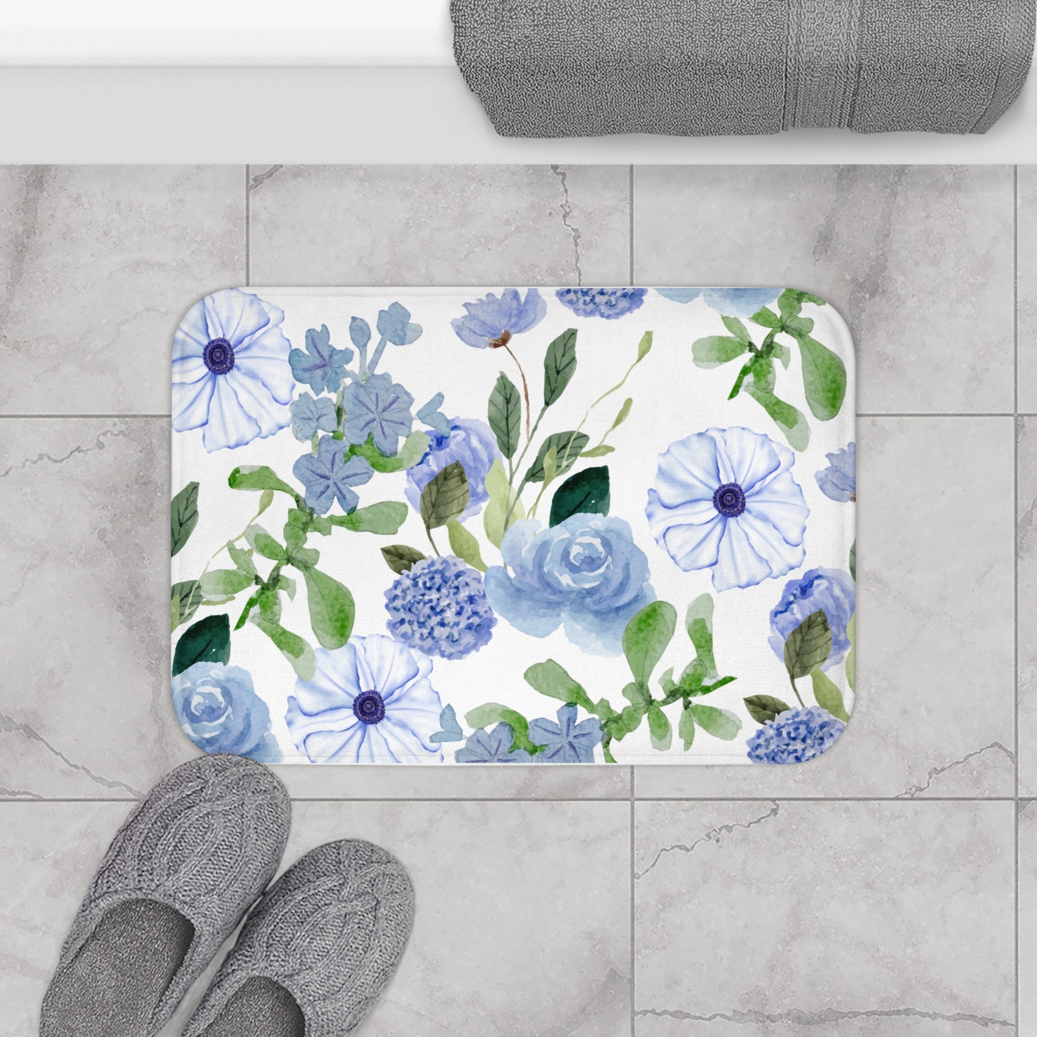 Blue Watercolor Floral Bath Mat — Soft Microfiber Bathroom Rug