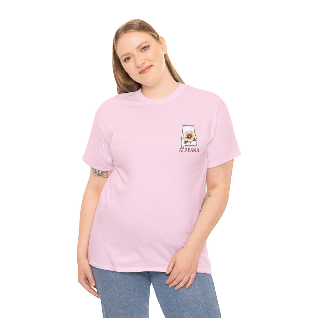 Alabama State Tee with Camellia Floral Design — Alabama Outline & State Flower Shirt
