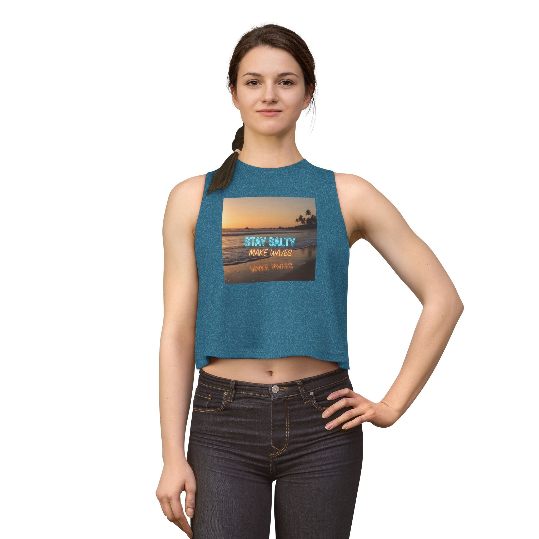 Stay Salty Crop Top — Beach Sunset Tank with "Stay Salty Make Waves" Graphic