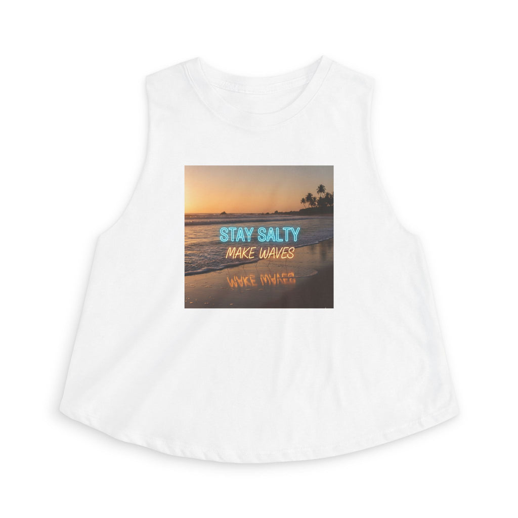 Stay Salty Crop Top — Beach Sunset Tank with "Stay Salty Make Waves" Graphic