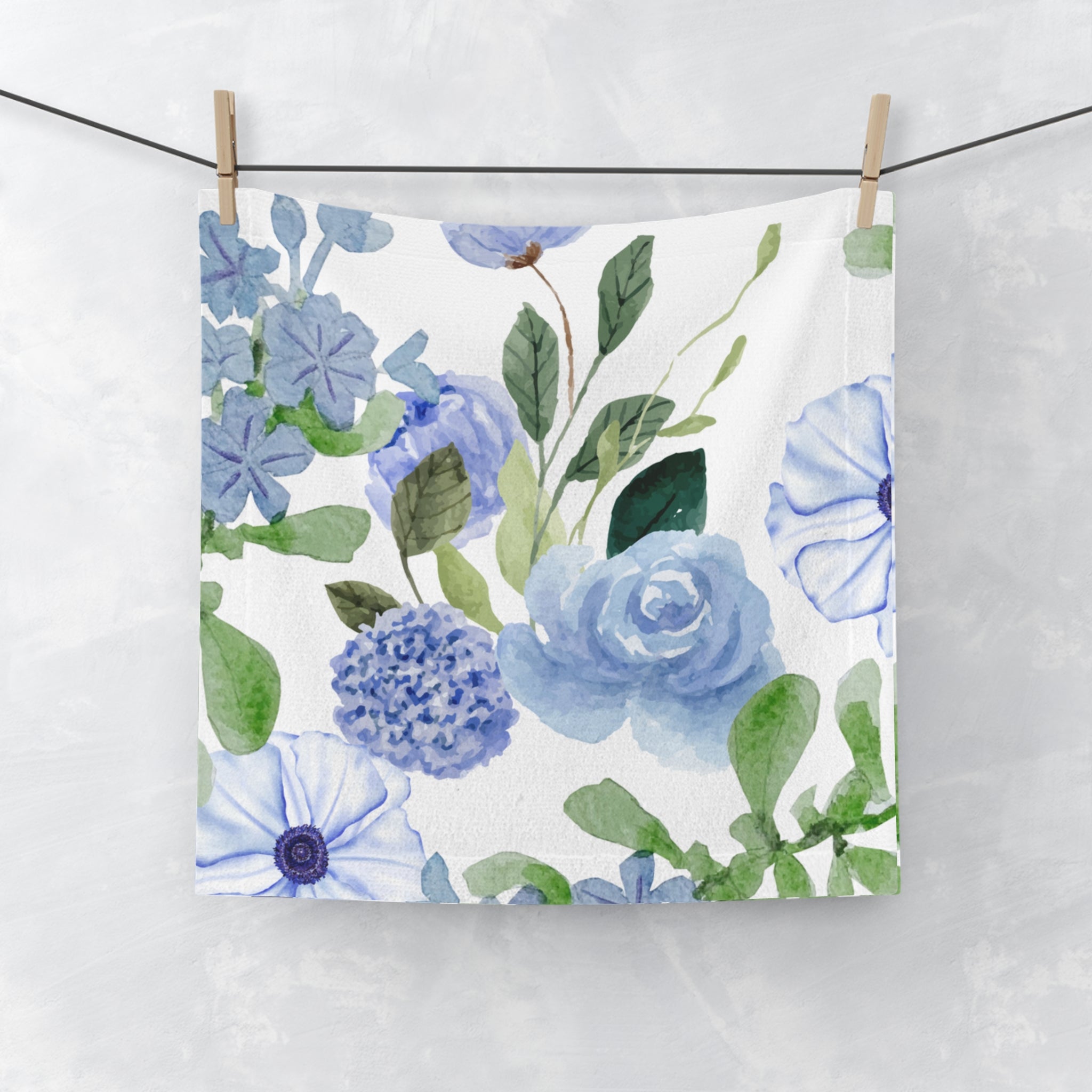 Blue Watercolor Floral Face Towel