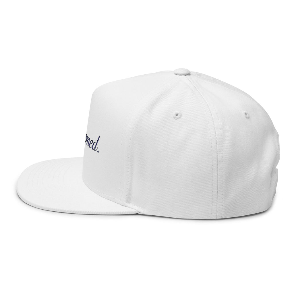 Redeemed Embroidered Flat Bill Cap — White Christian Baseball Hat