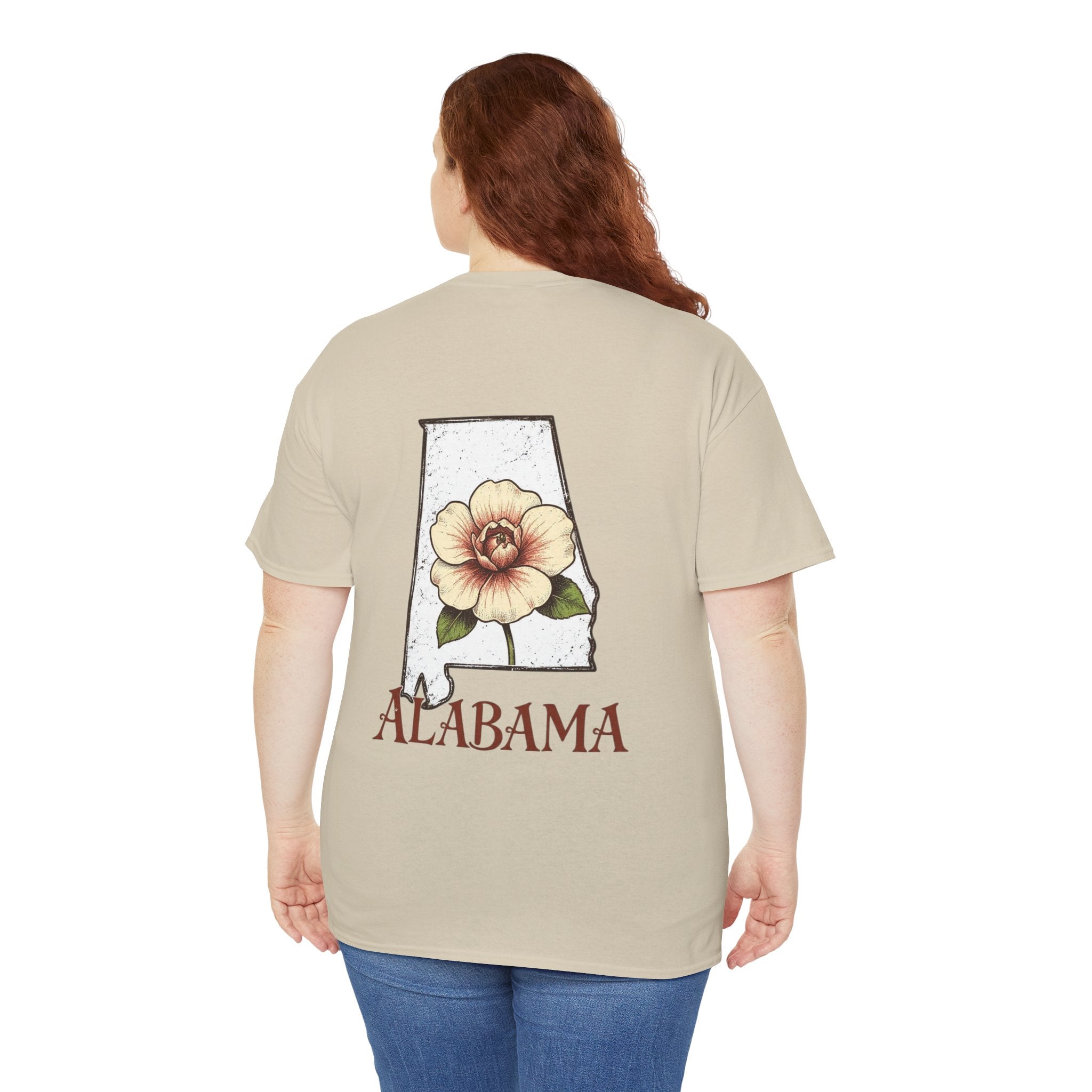 Alabama State Tee with Camellia Floral Design — Alabama Outline & State Flower Shirt