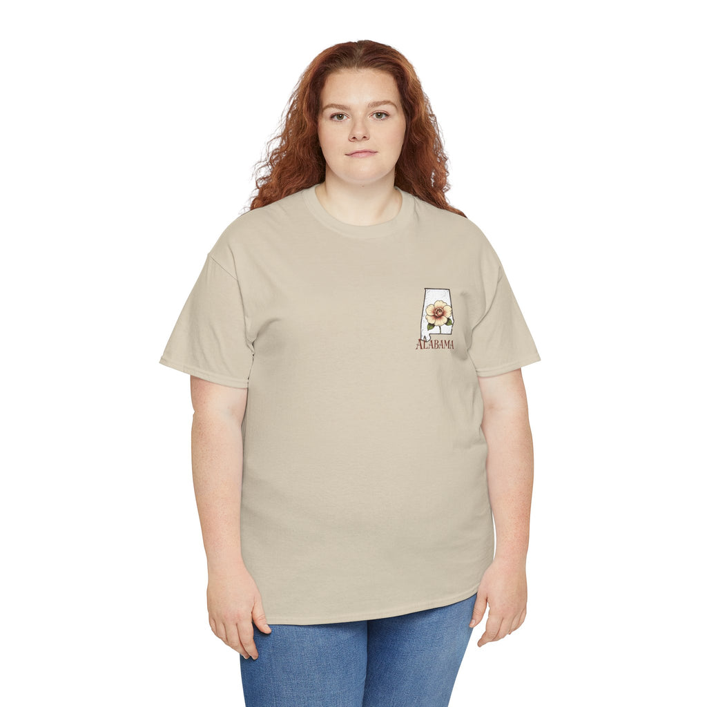 Alabama State Tee with Camellia Floral Design — Alabama Outline & State Flower Shirt