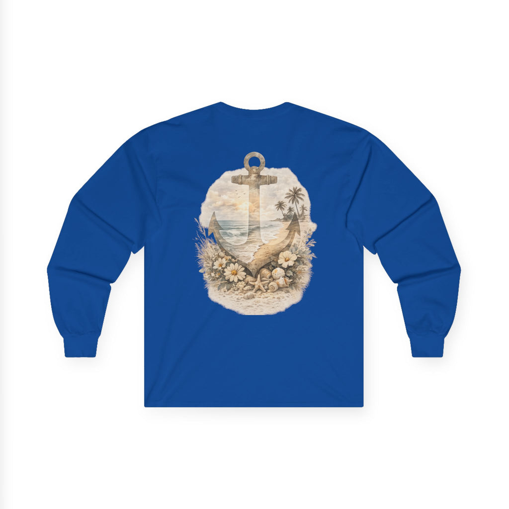 Anchor Beach Scene Long Sleeve Tee — Vintage Nautical Anchor & Sunset Graphic