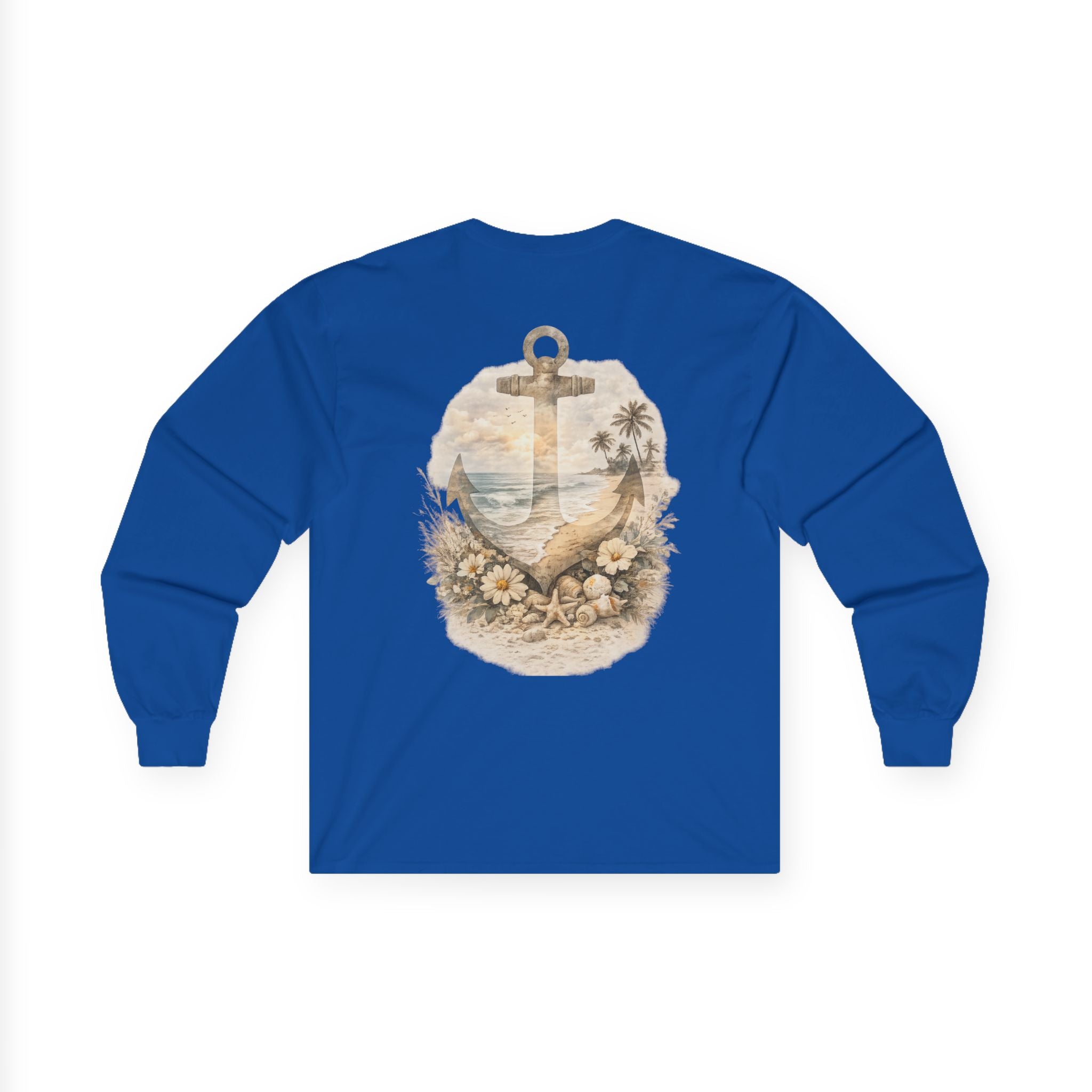 Anchor Beach Scene Long Sleeve Tee — Vintage Nautical Anchor & Sunset Graphic