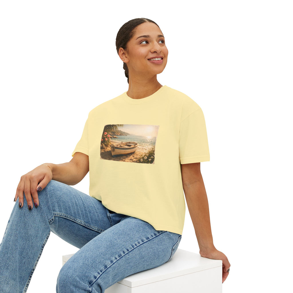 Coastal Sunrise Boat Scene Boxy Tee