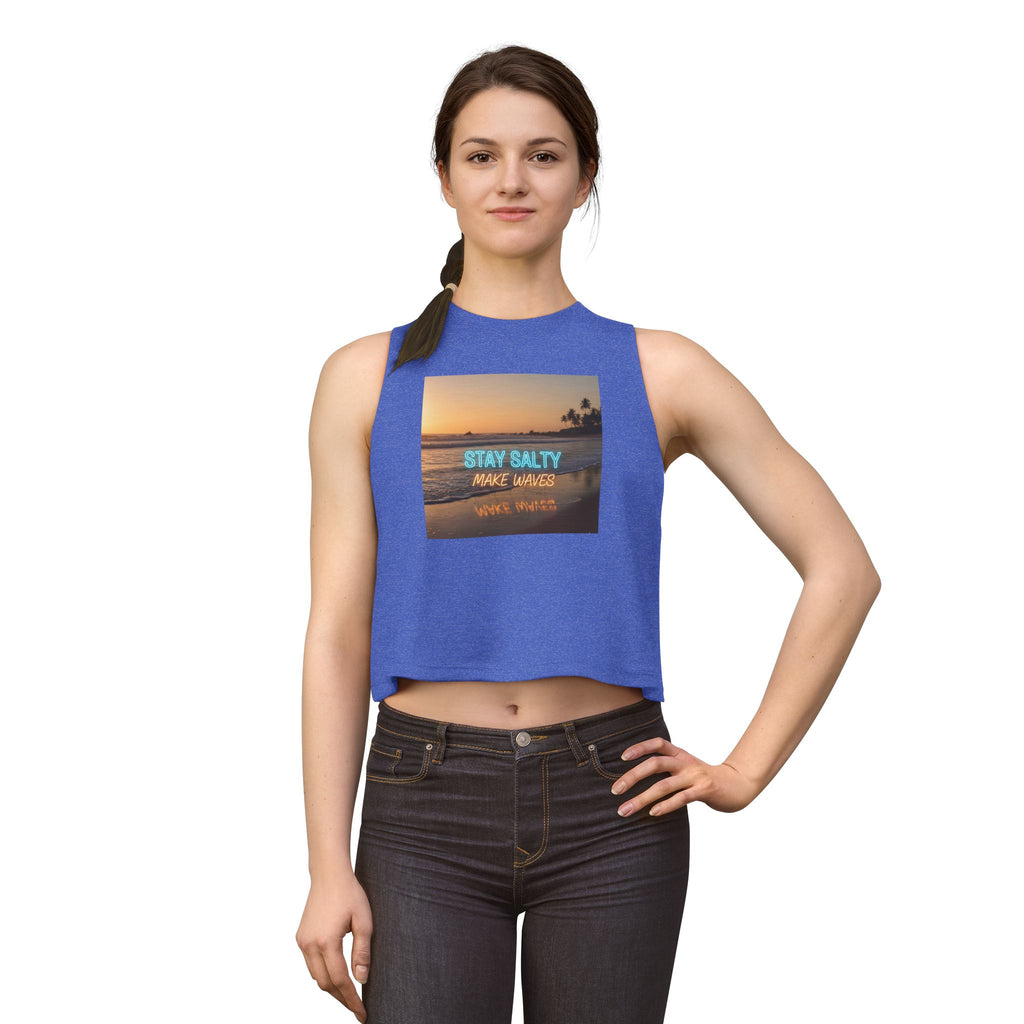 Stay Salty Crop Top — Beach Sunset Tank with "Stay Salty Make Waves" Graphic