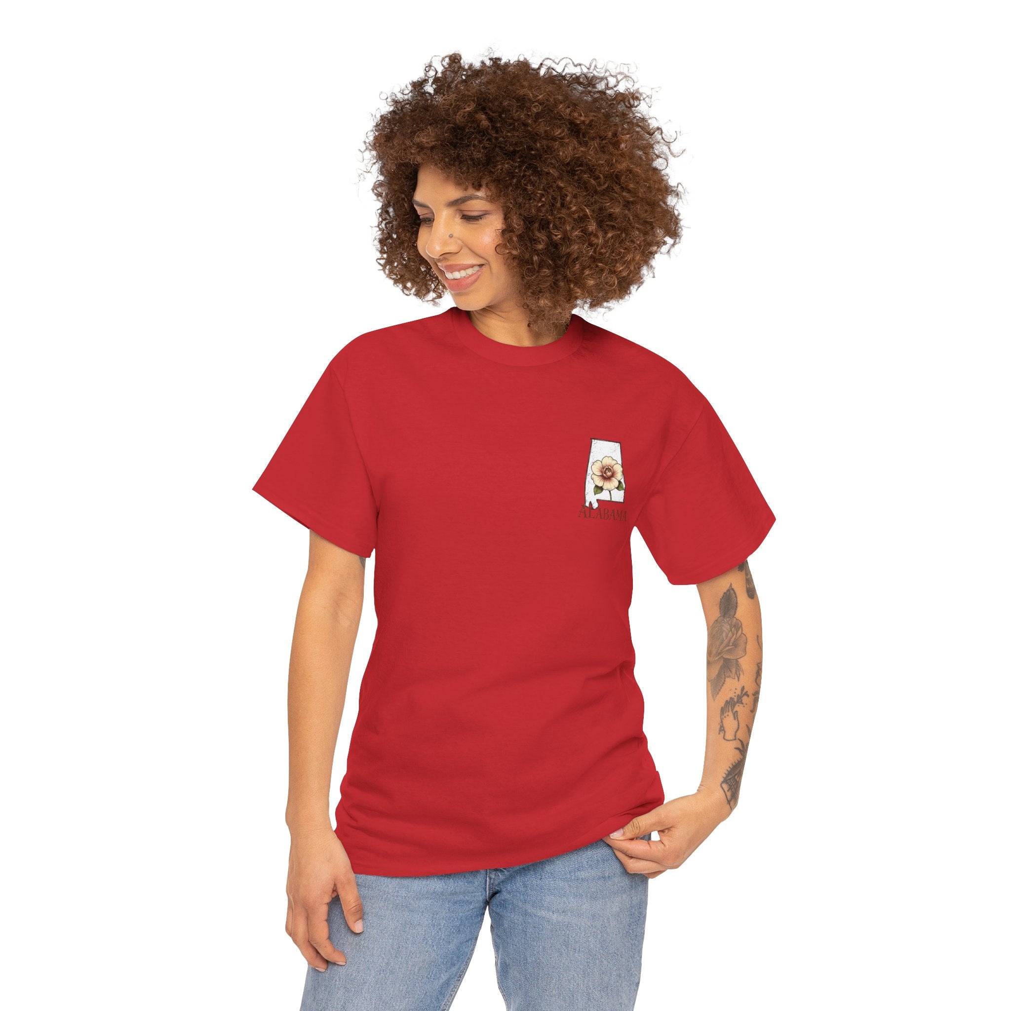Alabama State Tee with Camellia Floral Design — Alabama Outline & State Flower Shirt