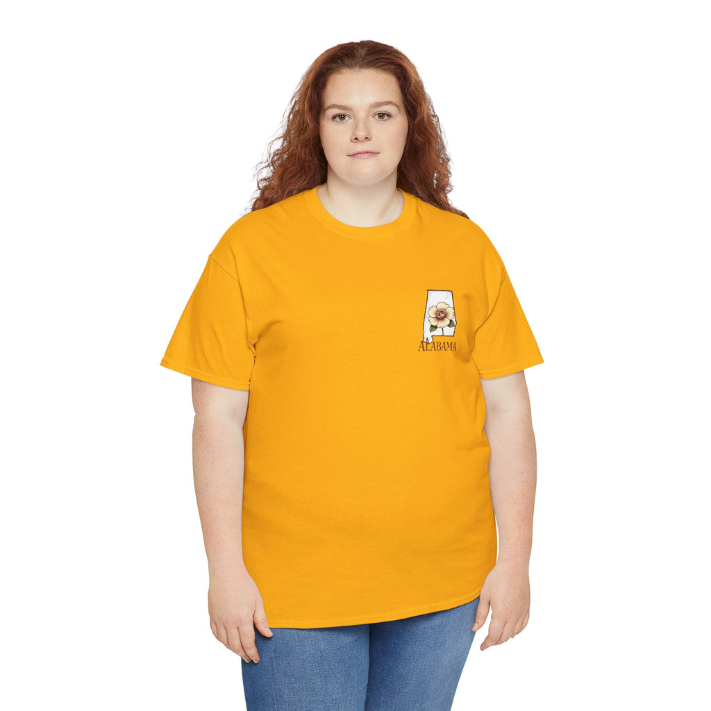 Alabama State Tee with Camellia Floral Design — Alabama Outline & State Flower Shirt
