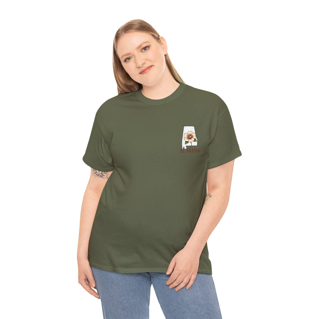 Alabama State Tee with Camellia Floral Design — Alabama Outline & State Flower Shirt
