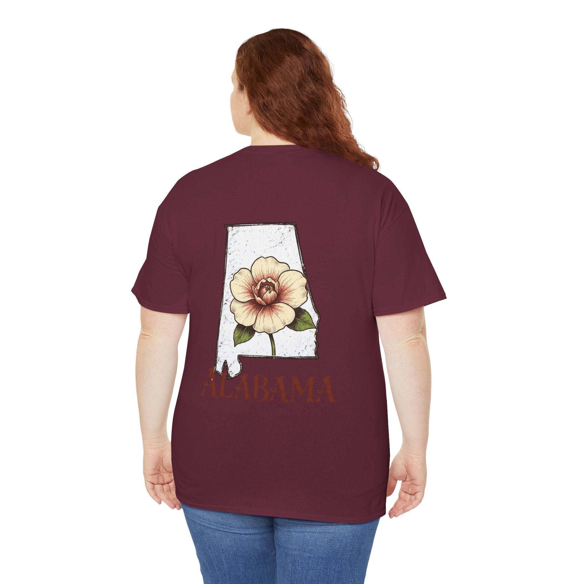 Alabama State Tee with Camellia Floral Design — Alabama Outline & State Flower Shirt