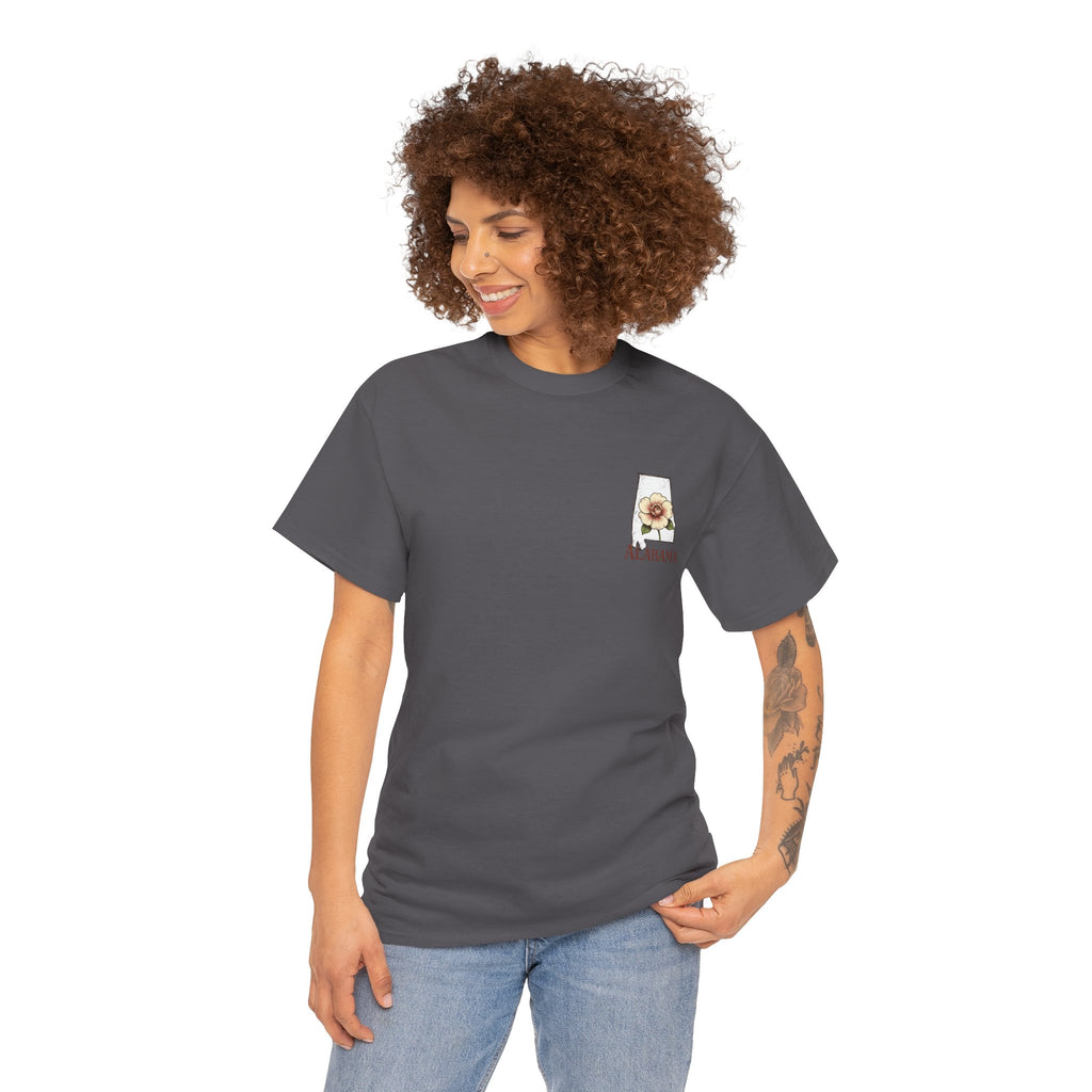 Alabama State Tee with Camellia Floral Design — Alabama Outline & State Flower Shirt