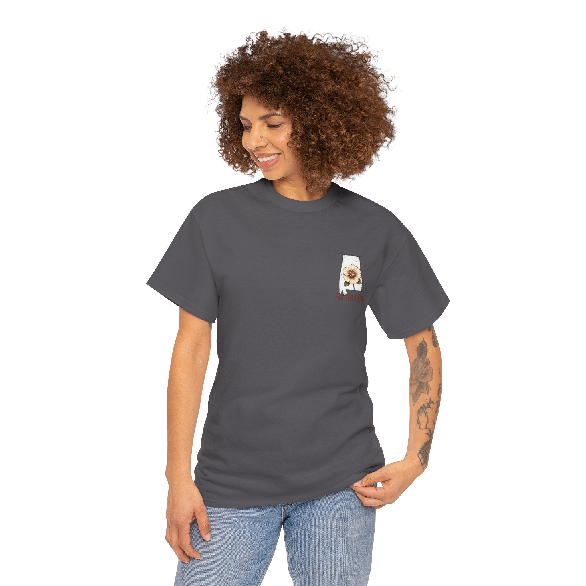 Alabama State Tee with Camellia Floral Design — Alabama Outline & State Flower Shirt