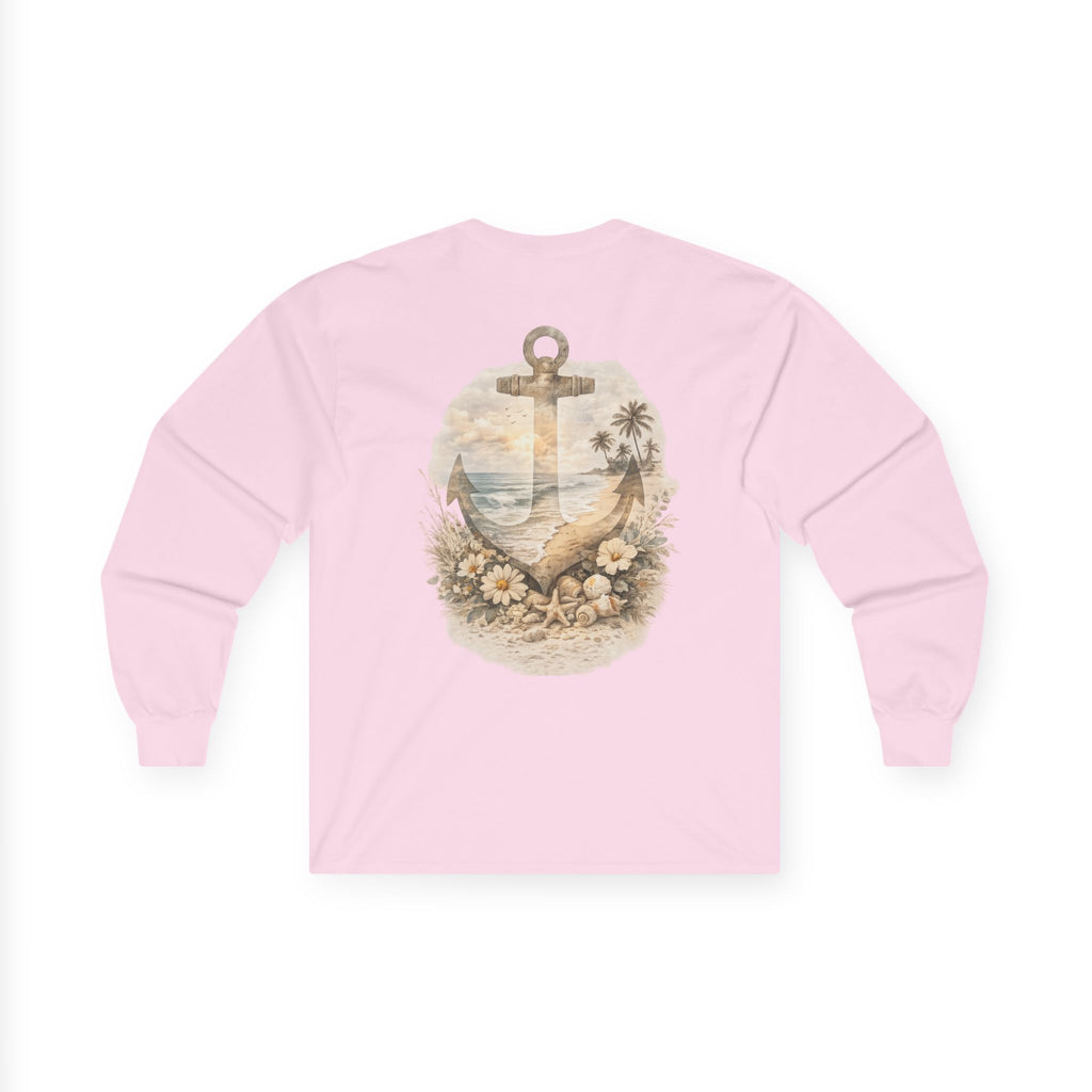 Anchor Beach Scene Long Sleeve Tee — Vintage Nautical Anchor & Sunset Graphic