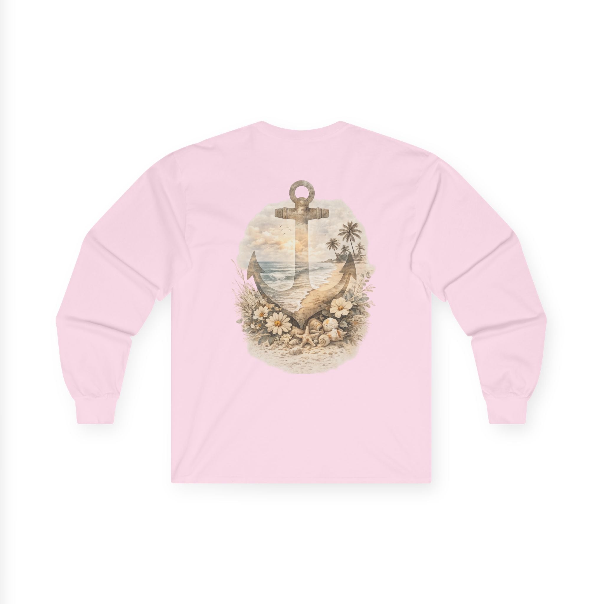 Anchor Beach Scene Long Sleeve Tee — Vintage Nautical Anchor & Sunset Graphic