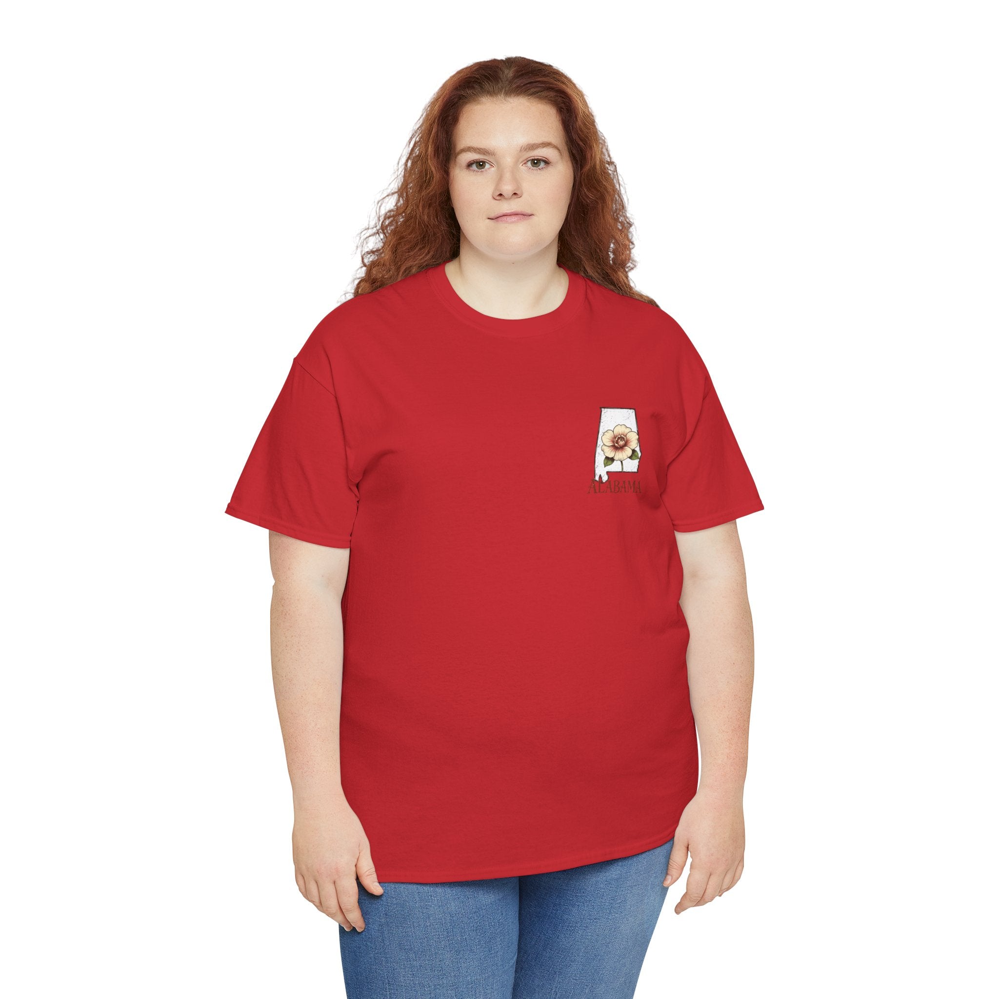 Alabama State Tee with Camellia Floral Design — Alabama Outline & State Flower Shirt
