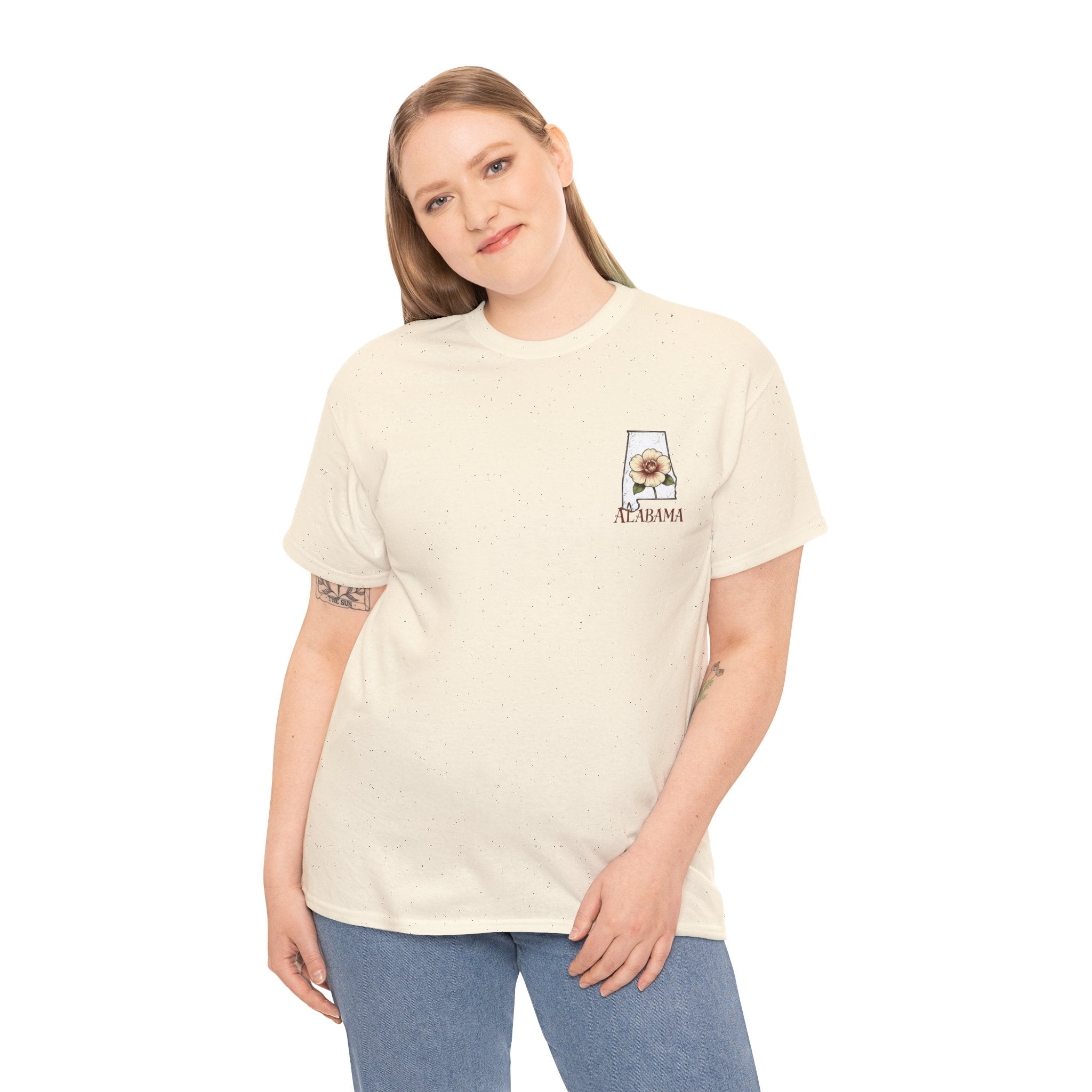 Alabama State Tee with Camellia Floral Design — Alabama Outline & State Flower Shirt