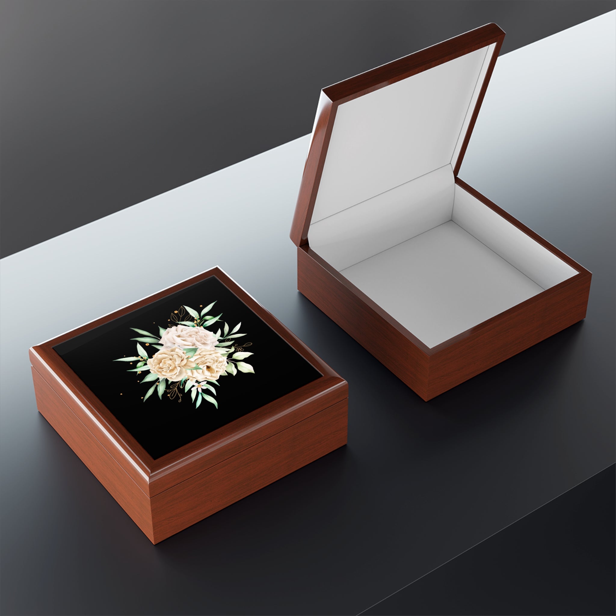 Floral Elegance Jewelry Box — Cream Peony Design on Black