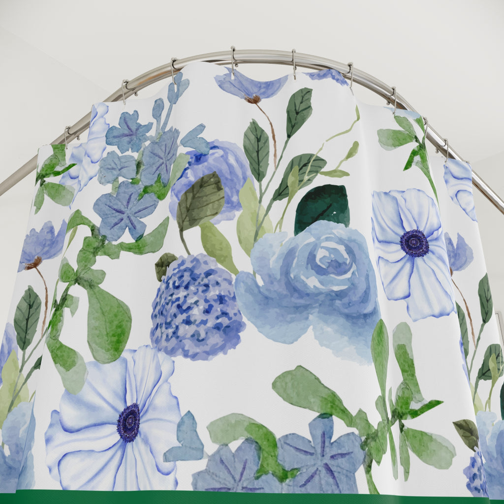 Blue Floral Shower Curtain with Emerald Green Block – Watercolor Roses & Wildflowers