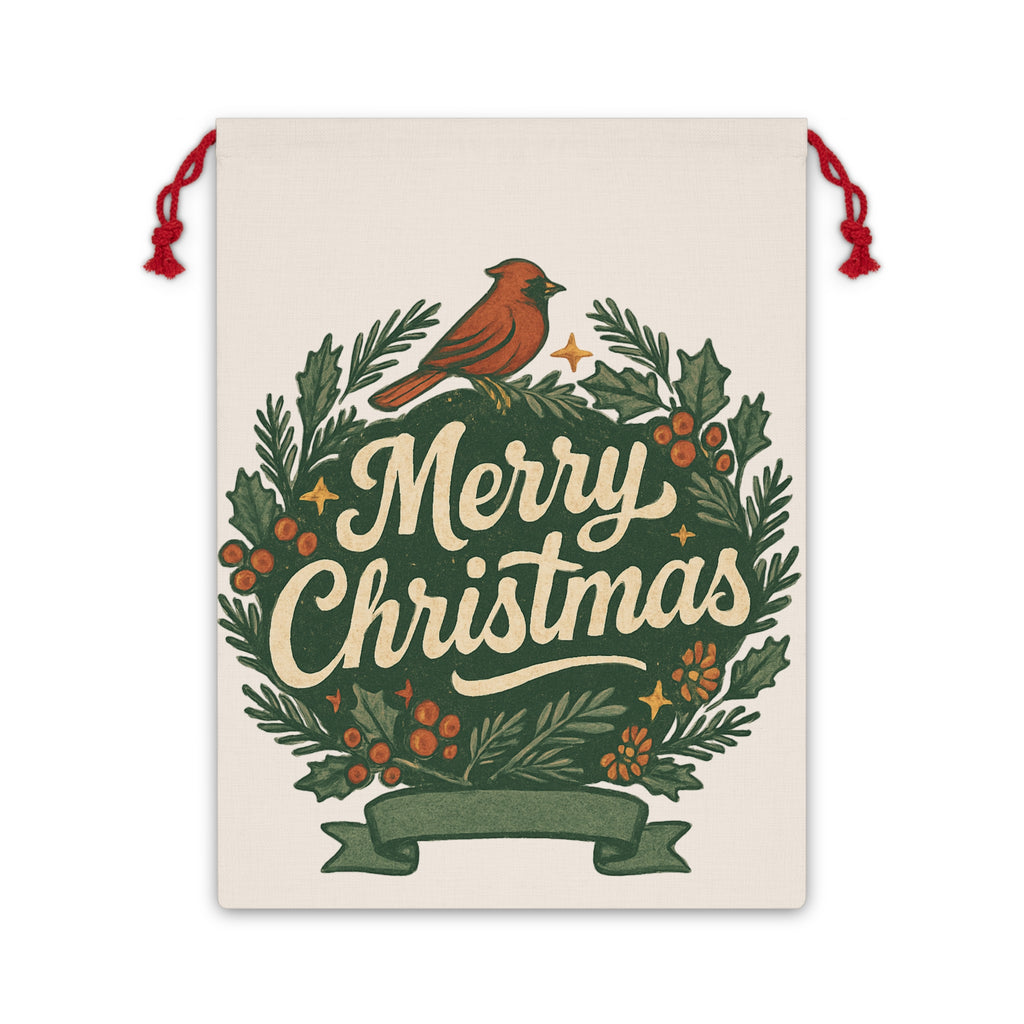 Merry Christmas Wreath Gift Bag — Holiday Drawstring Gift Sack with Cardinal