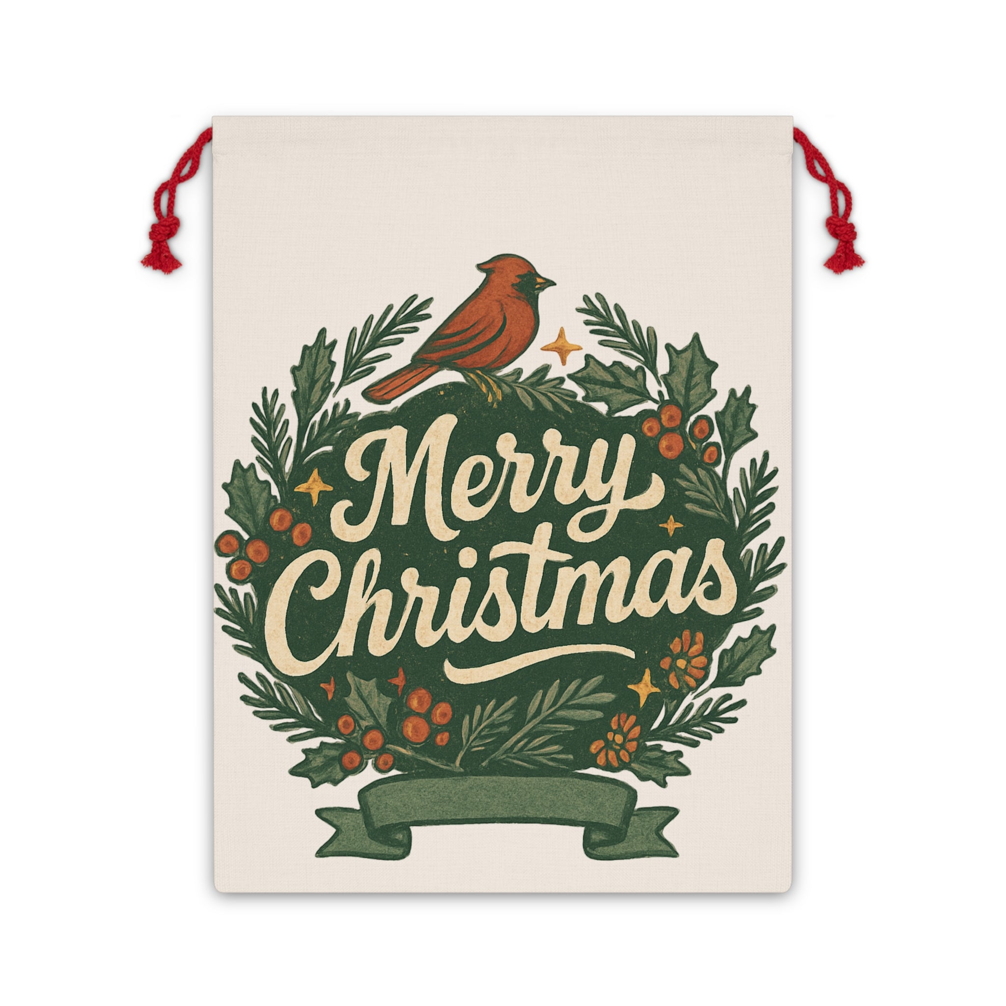Merry Christmas Wreath Gift Bag — Holiday Drawstring Gift Sack with Cardinal