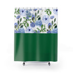 Blue Floral Shower Curtain with Emerald Green Block – Watercolor Roses & Wildflowers
