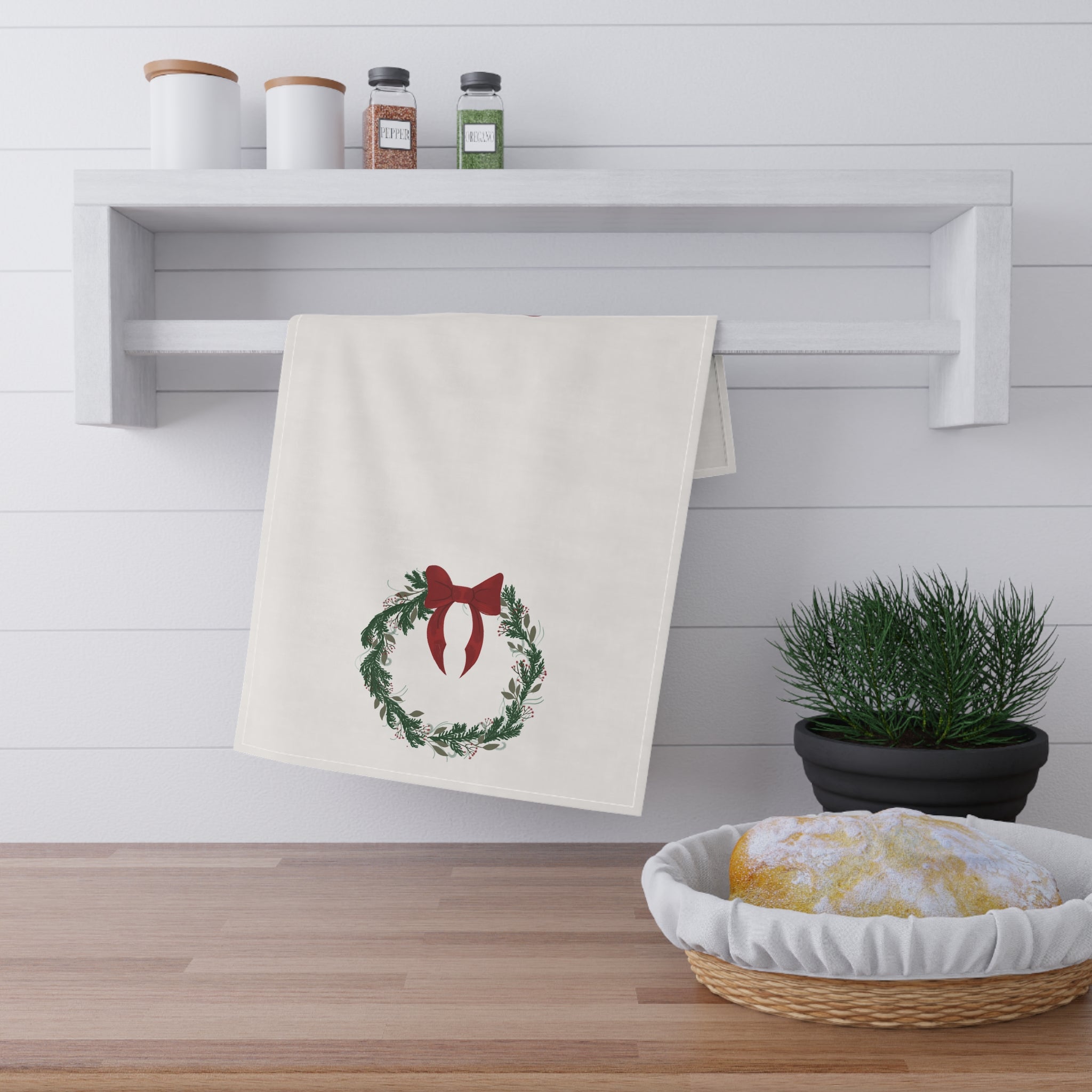 Christmas Wreath Tea Towel with Red Bow – Holiday Kitchen Linen