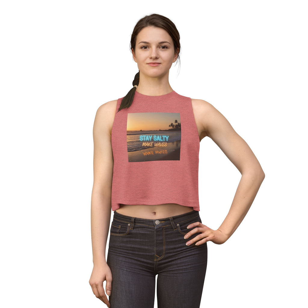 Stay Salty Crop Top — Beach Sunset Tank with "Stay Salty Make Waves" Graphic