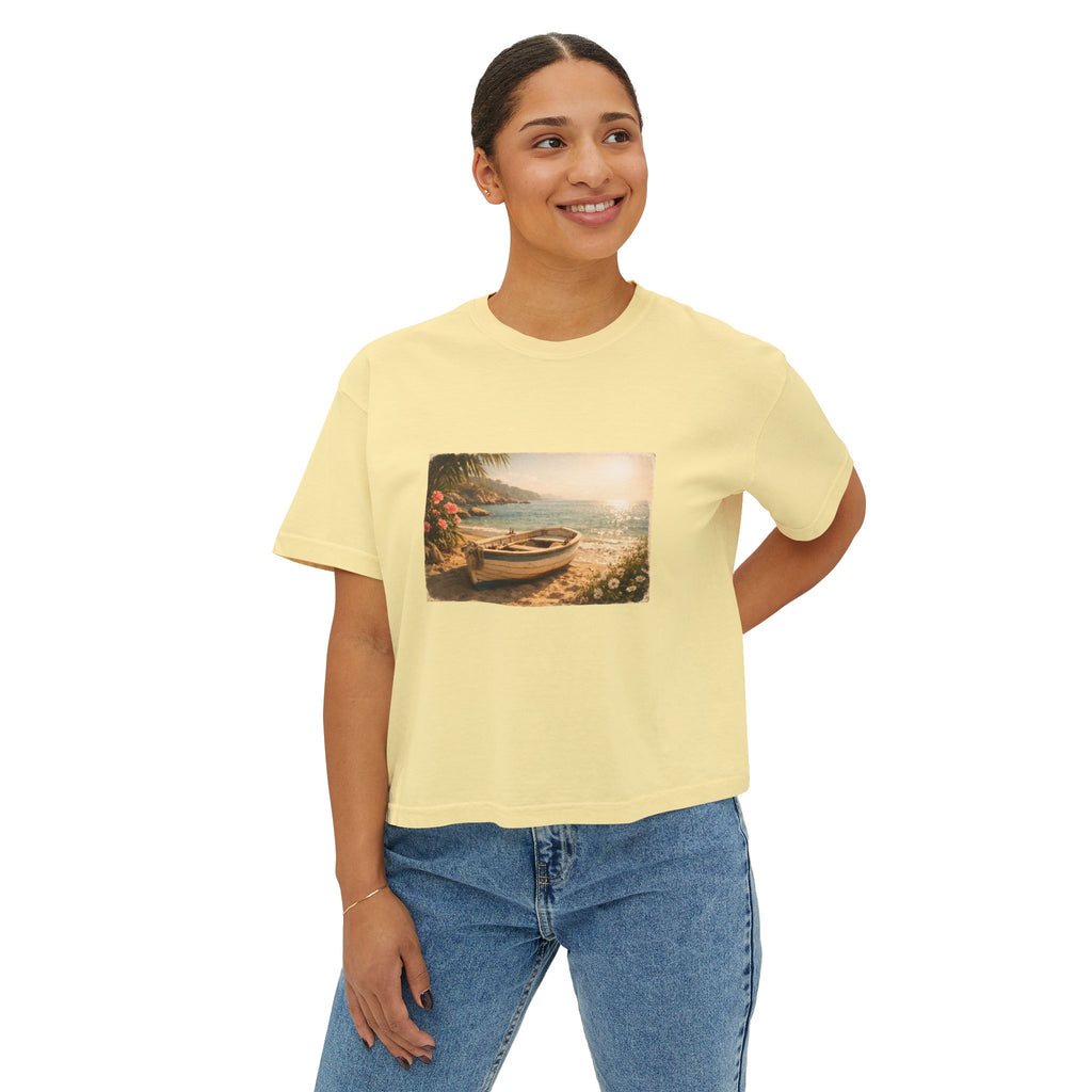 Coastal Sunrise Boat Scene Boxy Tee