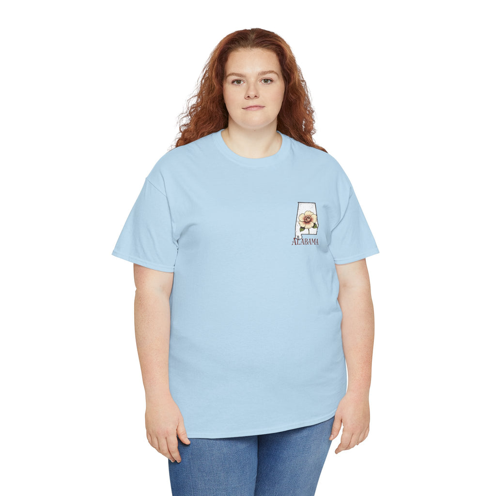 Alabama State Tee with Camellia Floral Design — Alabama Outline & State Flower Shirt