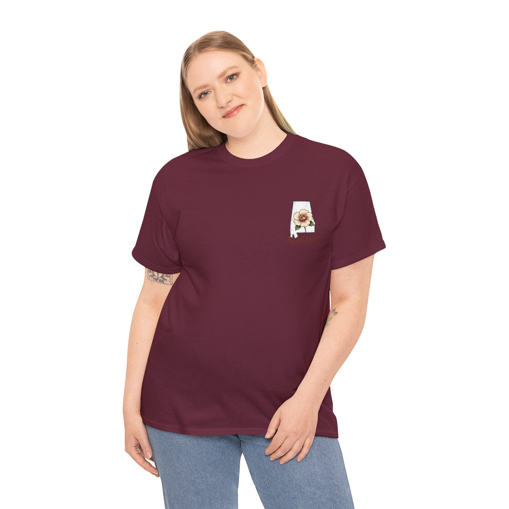 Alabama State Tee with Camellia Floral Design — Alabama Outline & State Flower Shirt