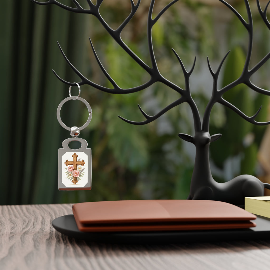 Floral Cross Keyring - Elegant Rectangle Keychain with Vintage Floral Design