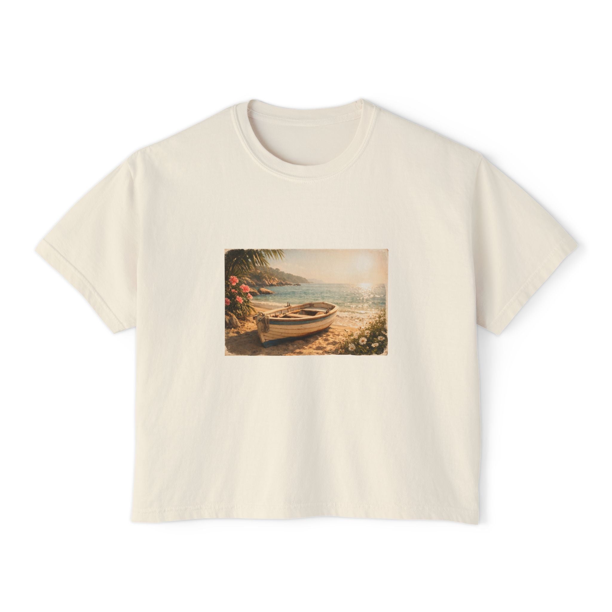 Coastal Sunrise Boat Scene Boxy Tee