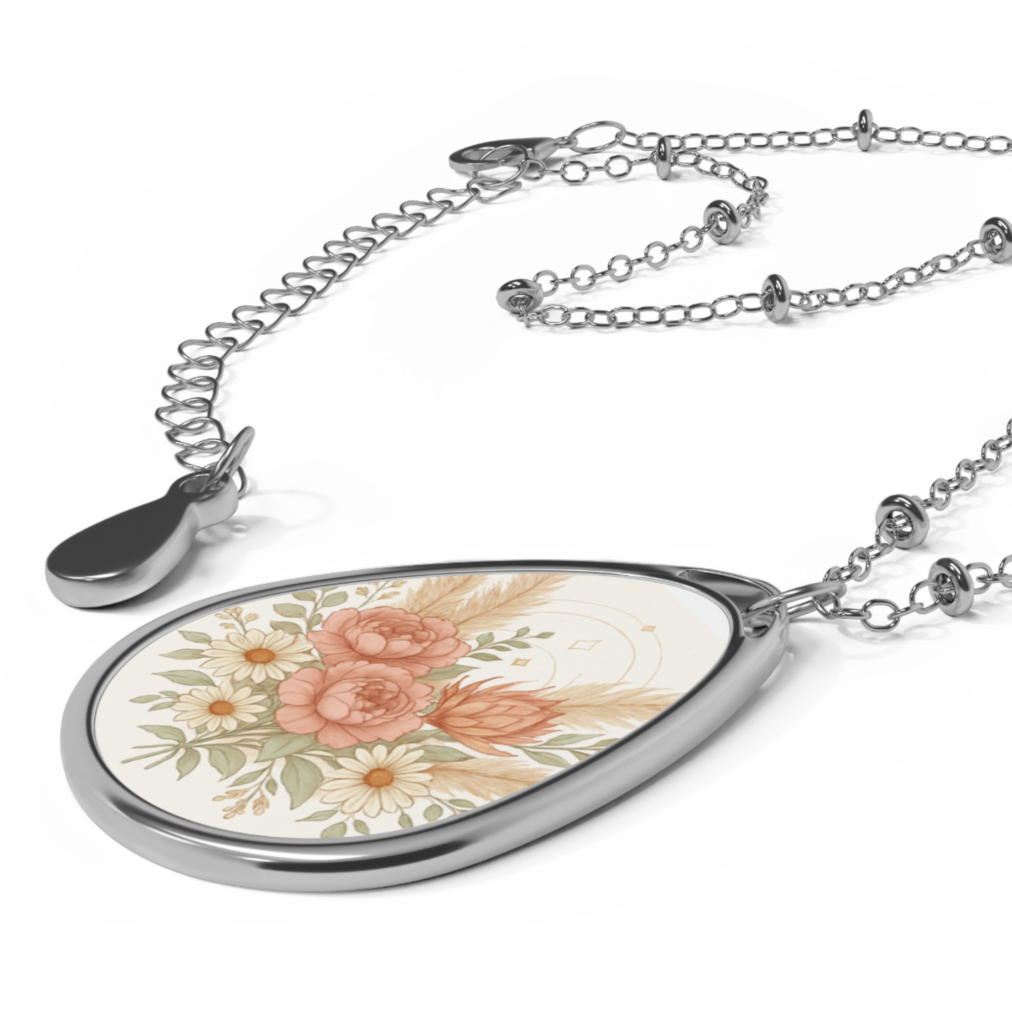 Floral Oval Necklace, Elegant Jewelry, Gifts for Her, Mother's Day, Wedding, Boho Chic, Nature-Inspired Pendant