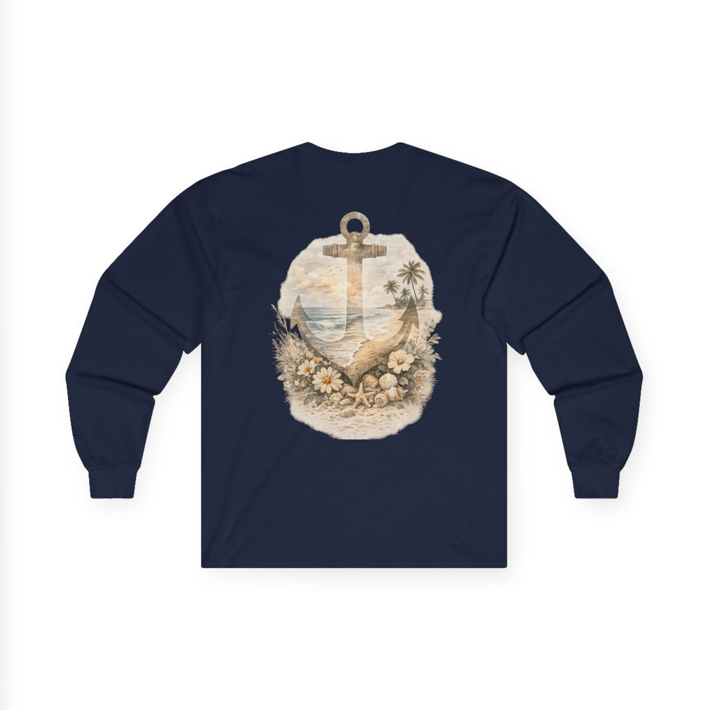 Anchor Beach Scene Long Sleeve Tee — Vintage Nautical Anchor & Sunset Graphic