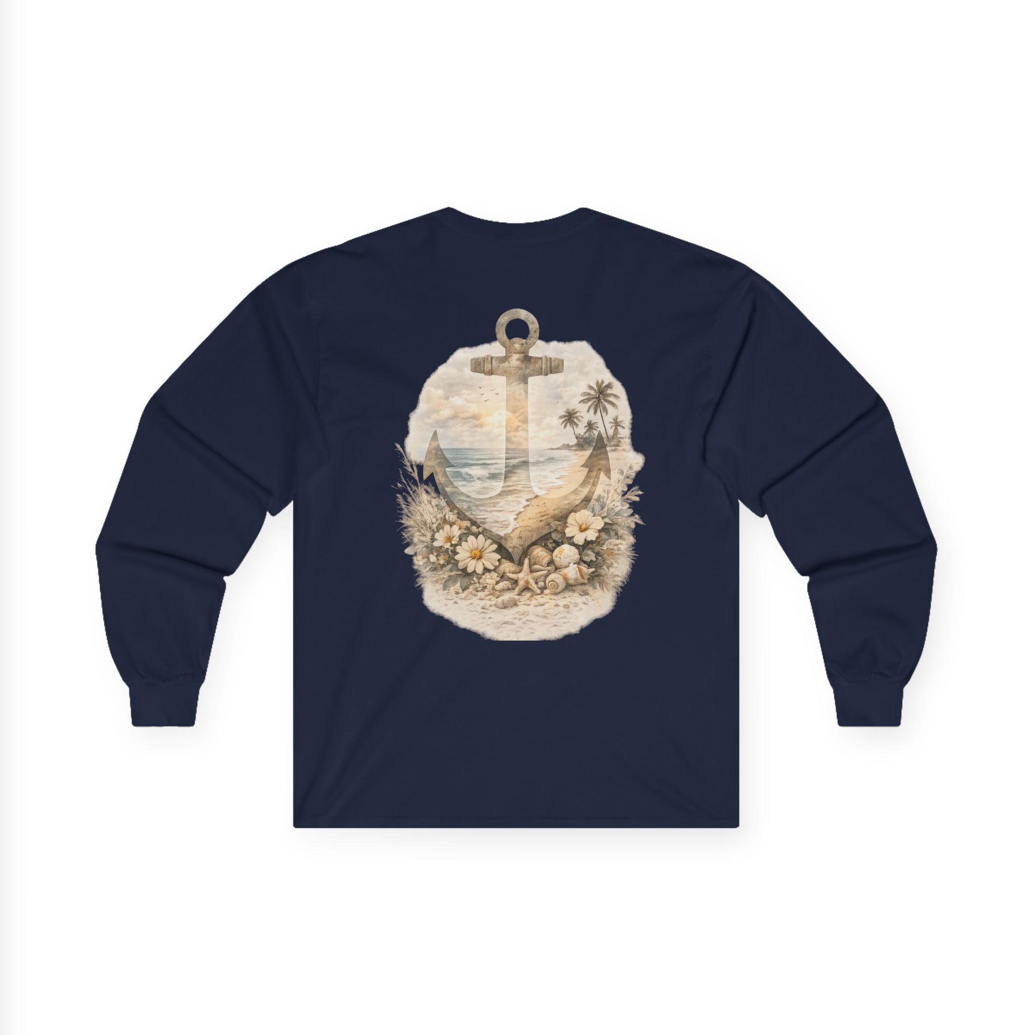 Anchor Beach Scene Long Sleeve Tee — Vintage Nautical Anchor & Sunset Graphic