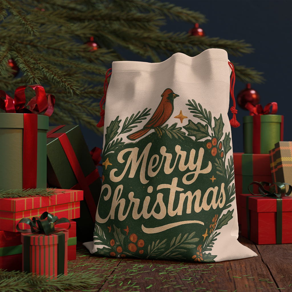 Merry Christmas Wreath Gift Bag — Holiday Drawstring Gift Sack with Cardinal