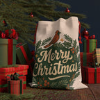 Merry Christmas Wreath Gift Bag — Holiday Drawstring Gift Sack with Cardinal