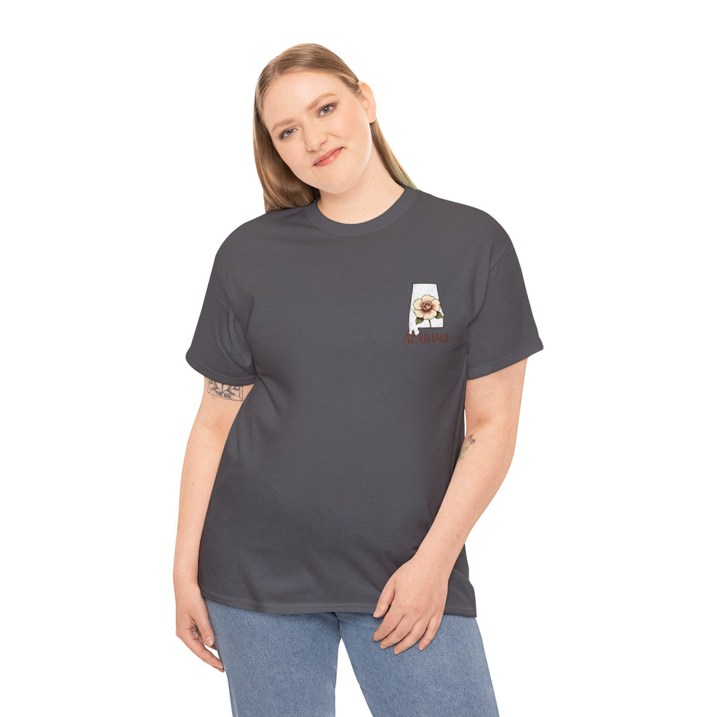 Alabama State Tee with Camellia Floral Design — Alabama Outline & State Flower Shirt