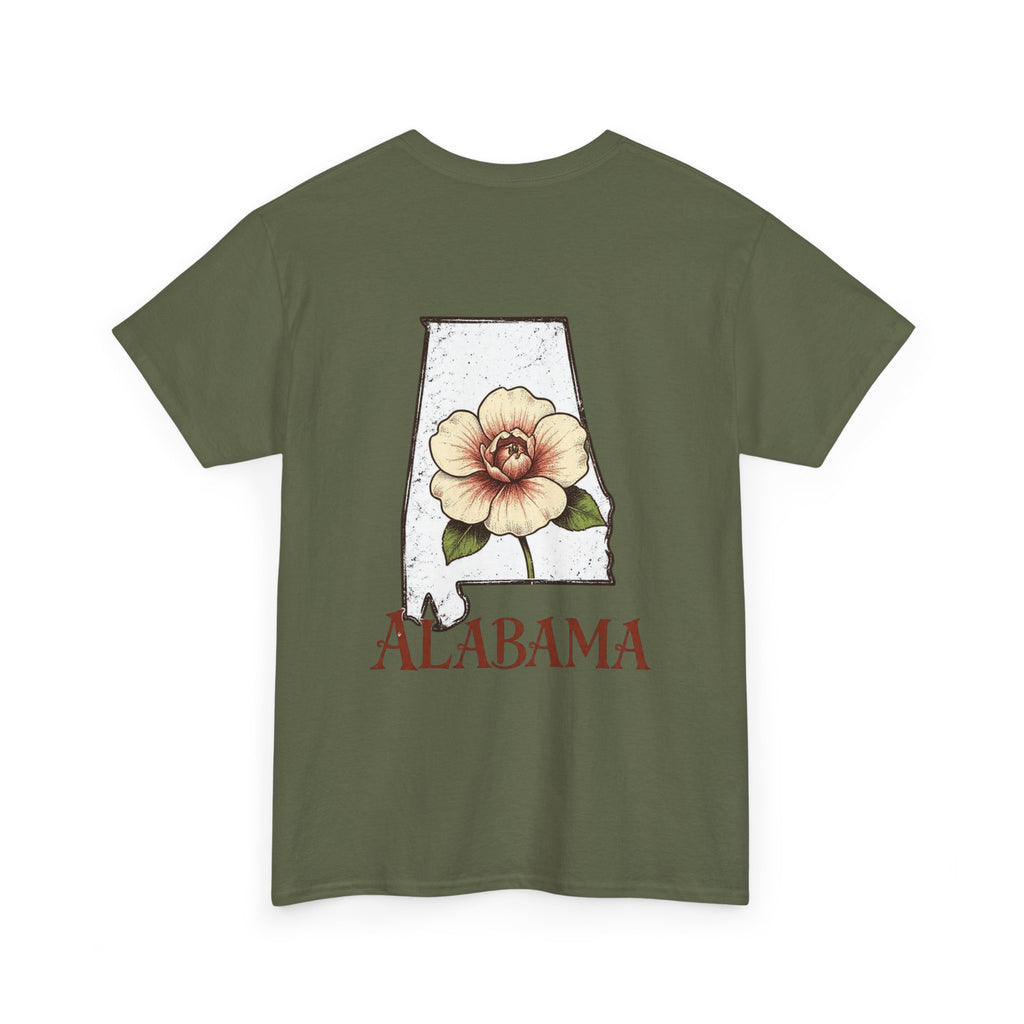 Alabama State Tee with Camellia Floral Design — Alabama Outline & State Flower Shirt