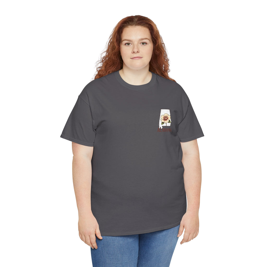 Alabama State Tee with Camellia Floral Design — Alabama Outline & State Flower Shirt