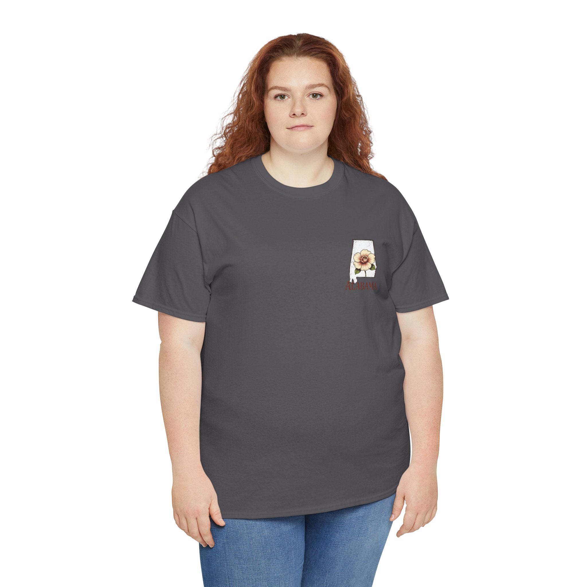 Alabama State Tee with Camellia Floral Design — Alabama Outline & State Flower Shirt