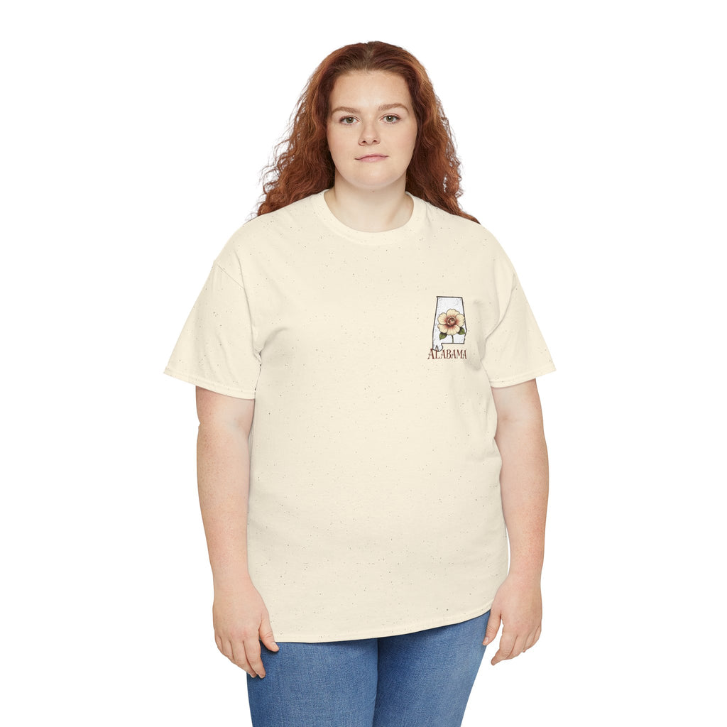 Alabama State Tee with Camellia Floral Design — Alabama Outline & State Flower Shirt