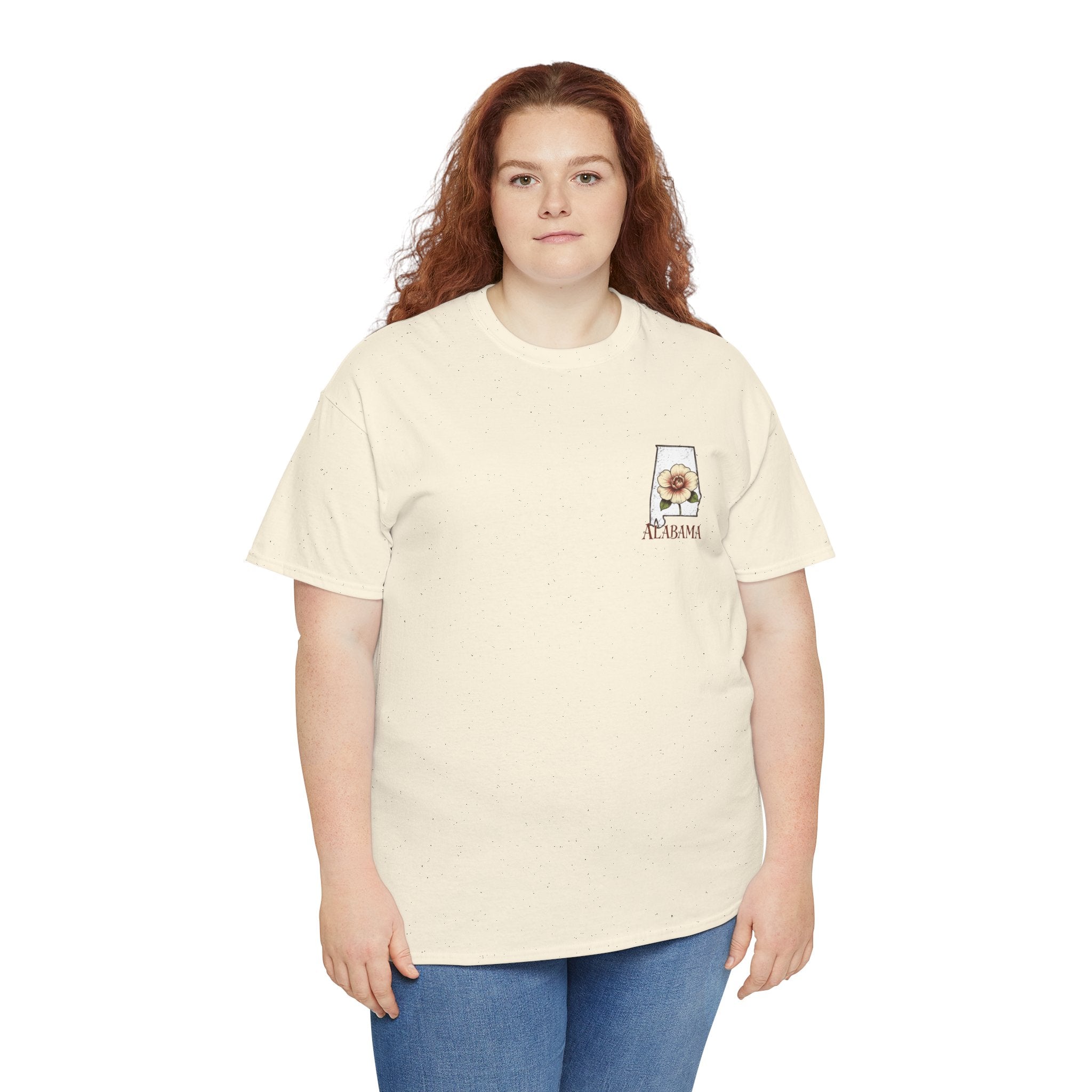 Alabama State Tee with Camellia Floral Design — Alabama Outline & State Flower Shirt